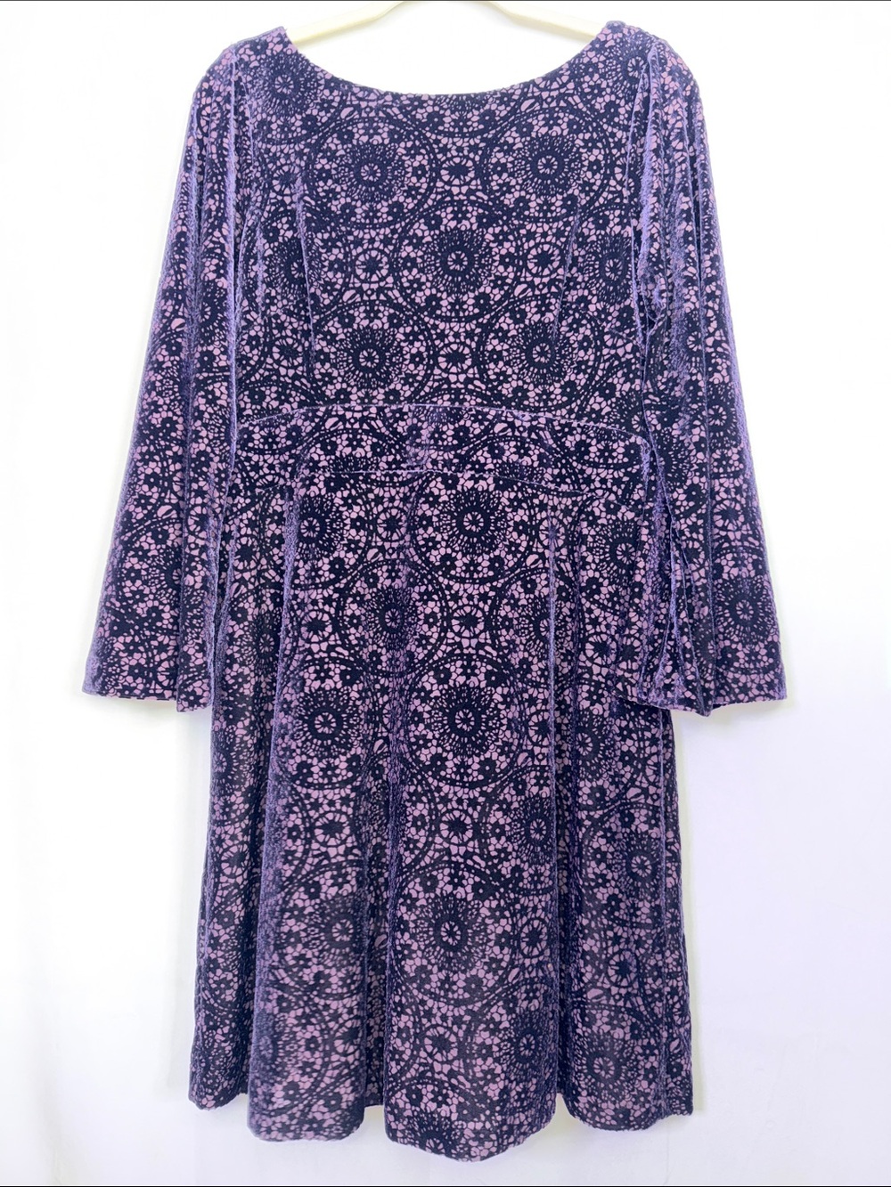 Adrianna Papell Purple Velvet Lined Bell Long Sleeve Patterned A-Line Dress